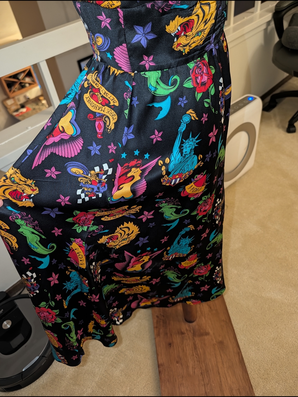 Betsey Johnson Black Multicolor Tattoo-Print Spaghetti Strap Midi Dress - Picture 4 of 6
